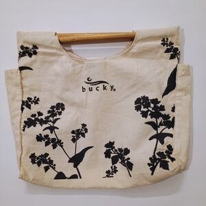 Bucky Canvas Floral Tote Bag Wooden Handles Magnetic Closure 12 x 11 x 2 3/4"